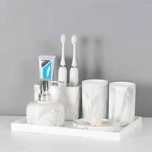 Bath Accessory Set Nordic Resin Five Piece Liquid Soap Bottle Toothbrush Holder Tooth Mug Dish Washing Tools Bathroom Toiletry Supplies