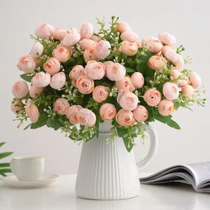 Decorative Flowers Artificial Red Rose Eucalyptus Leaf Fake Peony Bouquet For Bride Wedding Home Table Decoration Plants