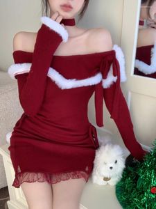 Casual Dresses Christmas Red Sexy Elegant One Piece Dress Women Off Shoulder Sweet Vintage Slim Mini Female Lace Retro Chic 2024