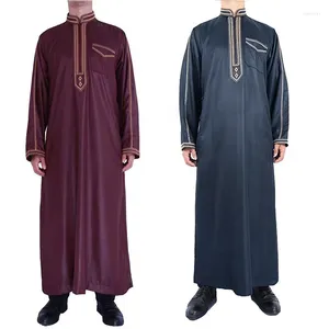 Ethnic Clothing Men's Saudi Arabic Jubba Thobe One-Piece Long Sleeve Robe Islamic Abaya Muslim Loose Stand Collar Print Middle East Man