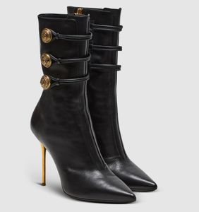 Lüks kış bal alma roni ayak bileği botları metal stiletto topuklu siyah deri sivri uçlu altın düğmeler patik bayan parti elbisesi zarif yürüyüş eu35-43