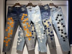 Amerikaanse maat gescheurd oranje Amiryes Star Patch Slim Fit Little Feet Star Stretch Hole Jeans voor heren Denim