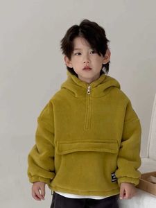 Зимний теплый пуловер для маленьких девочек и мальчиков, однотонный флисовый свитер с капюшоном на полумолнии, детское пальто с капюшоном, детская одежда, пуловер, топы, От 2 до 10 летL2312155