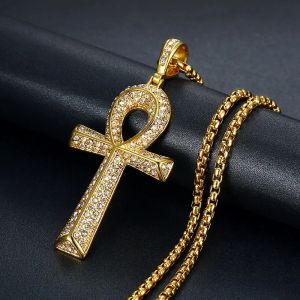 Mens Egyptian Ankh Cross Pendant With 14k Yellow Gold Chain And Iced Out Bling Full Rhinestones Necklace Hip Hop Egypt Jewelry