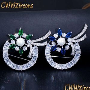 Pins Brooches Brilliant Green And Blue Cubic Zirconia Paved Women Large Beautif Flower Pins Jewelry With Pearl Bh005 210714224J Dro Dhozw