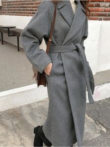 Misto lana da donna Cappotto di lana coreano moda vintage per donna Capispalla allentato casual Laceup Cappotto lungo Donna Inverno Chic Giacche Abbigliamento 231218