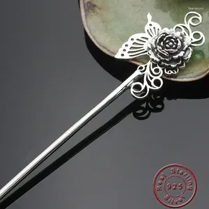 Haarspangen Amxiu Handgemachte Haarbekleidung Schmetterling Pfingstrose Blumenstäbchen 925 Sterling Silber Haarnadeln Vintage Antik