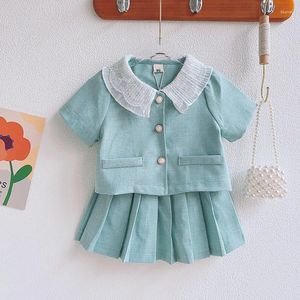 衣類セット女の子のスーツ夏のラペルパールバックルコートプリーツスカート2ピースの小さなフレグランスガールズ服