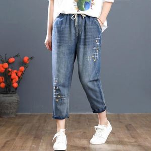 Jeans A8451 Women Calf Length Harem Jeans MultiStyle Washed Hole Cartoon Embroidery Casual Daily Drawstring Elastic Waist Denim Pants