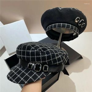 Berets 202310-MY Ins Chic Herbst Mode Tweed Plaid Schwarz Bohrer Dame Baskenmütze Frauen Freizeit Maler Hut