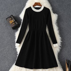 2023 autumn Long Sleeve Round Neck Panelled Knee-Length A-Line ball gown Dress Elegant Casual Beading Dresses