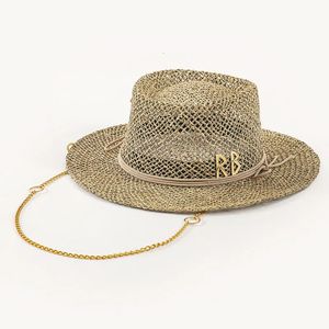 Breda brimhattar Bucket Summer Sun Hat Bumpy Top French Straw Women's Chain Decorative Holiday Shade Punk Style 231219