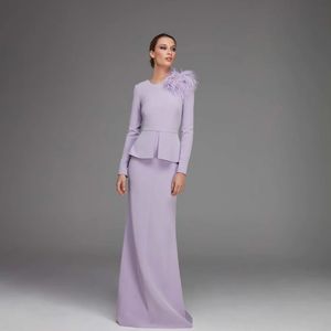 Elegant Lilac Mother of the Bride Dresses for Weddings O Neck Long Sleeve Wedding Party Gowns Feather Floor-Length Satin vestidos de fiesta