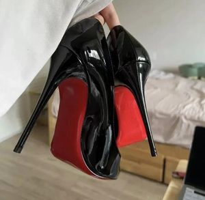 2024Brand Designer Women's High Heels Red Shiny Bottom 8cm 10cm 12cm stilett äkta läder kvinnors höga klackar med dammväska 34-44