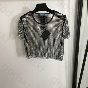 Rhinestone Hollow Cool Shirt Women Fashion Thin Short Sleeve T Shirt Tops Designer Glitter Loose Blouse