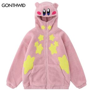 Men's Down Parkas Winter Fluffy Hooded Jacket with Bear Ears Harajuku Embroidery Star Cute Fuzzy Plush Fleece Warm Teddy Coat Hip Hop Jackets 231219