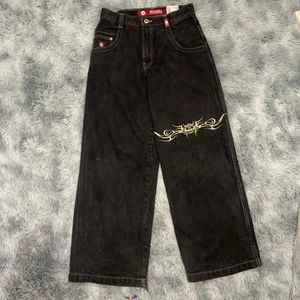 メンズジーンズJNCO Y2Kヒップホップグラフィックプリントゴシックブラックバギーレトロパンツメンメンズストリートウェアハイウエストワイドレッグズボン231219