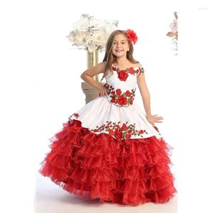 Flickaklänningar röd mini quinceanera bollklänning Organza Tiered Applices Blomma för bröllop Mexikansk tävlingsbaby