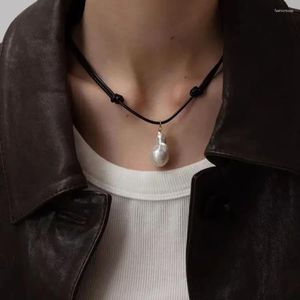Pendant Necklaces Nature Freshwater Pearl Big Baroque Shape Black Rope Adjustable Long Necklace Jewelry