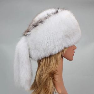 BeanieSkull Caps Real Fur Bomber Trapper Hat Lady Winter Warm Luxury 100% Natural Fox Fur Hat Ski Mask Bonnet Fashion Fluffy Fox Fur Beanie Caps 231218