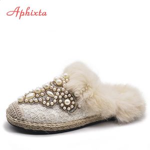 Chinelos Aphixta Inverno Quente Chinelos de Pele Real Mulheres Sapatos Mulher Lace Pérola Cristal Bling Pelúcia Mulheres Furry Natural Rabbit Hair Shoes 231219