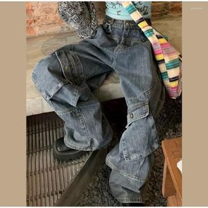 Kadın Kotları Kadınlar Büyük Cep Büyük Boy Gevşek Kadın Denim Pantolon 2023 Sonbahar Kış Kış Hip Retro Lady Geniş Bacak Trouser Street Kargo