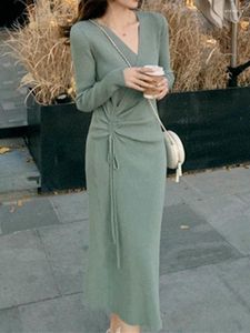 Casual Dresses for Women 2023 Autumn Winter Fashion Elegant Korean Loose Knit Vintage Solid Collar Mid-Calf Draw String Long Dress Robe