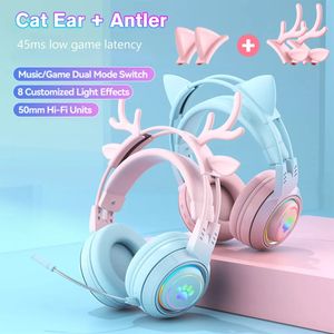 Fones de ouvido de telefone celular Cute AntlersCat Ear Wireless Bluetooth Headphone Gamer 3.5mm Fone de ouvido Gaming Headset com luz RGB para presente de ano infantil 231218