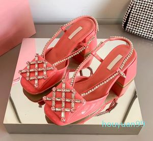 Designer Women Chunky Heel Sandals Italy Brand Vintage Fashion Diamonds Rhinestone Toe Genuine Leather Sandal Party Mary Janes