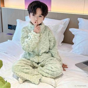 Pajamas Thicken Baby Boys Pajamas Autumn Winter Flannel Warm Children's Home Clothes Two-Piece Set Solid Color Plush Kids Girls Pajamas