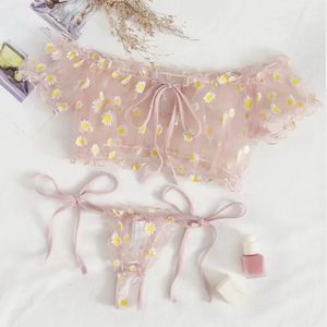 Sexy conjunto de roupa interior feminina renda floral fio livre lingerie fora do ombro pequeno peito bralette tanga beachwear sutiã transparente 231219