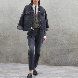 Kadınlar iki parçalı pantolon b c denim iki parçalı takım elbise pamuk vintage ceket ceket dişi yüksek bel kot pantolon setleri
