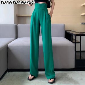 Capris Yuanyuanjyco estilo coreano Canda alta calças de perna larga Mulheres Moda coreana Elegante Office Lady Lady Autumn Black White Troushers