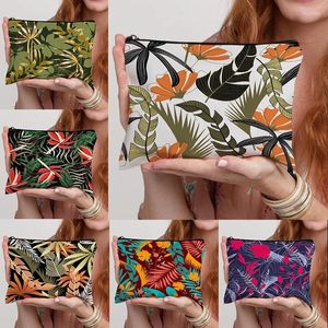 Sacos cosméticos feriado temático feminino bolsa de maquiagem com folha e design floral saco de viagem crianças lápis saco grande capacidade acabamento lavagem