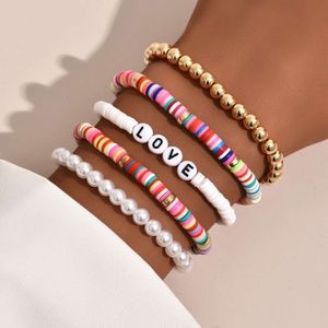 Bohemian Colorful Polymer Clay Bead Vintage Pearl Acrylic Letter Bracelet for Women