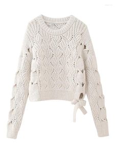 Maglioni da donna Bianco Scava Fuori Pullover all'uncinetto Donna Inverno O-Collo Fiocco Sweety Top caldi Maglione lavorato a maglia allentato a maniche lunghe femminile