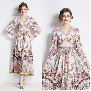 Designer V-Neck Vacation Floral Dress Robe Long Sleeve Woman Designer Vintage Elegant Print Fit Party Boho Maxi Dresses 2024 Spring Fall Runway Slim A-Line Ballgown