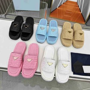 Designer Classic Summer Triangle Crochet Flatform Slides Women Sandals Handwoven Thick Sole Beach Slippers Elevated Size 35-42 with Box