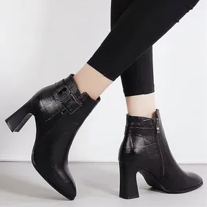 Boots Chunky Heel Pointy-toed Ankle Women 2023 Winter Soft Leather Side Zipper Design Elegant High Heels Fashion Women's