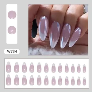 False Nails 24pcsピンクホワイトデタッチ可能なアーモンドロングヌードウェアラブルフレンチスティレットフェイクフルカバーネイルチッププレスオン