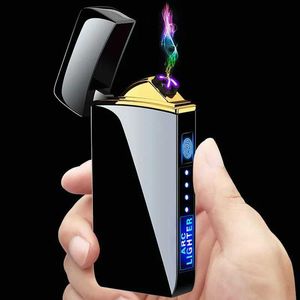 Windproof Metal Flameless Electric Lighter Dual Arc Plasma USB LED Power Display Touch Induction