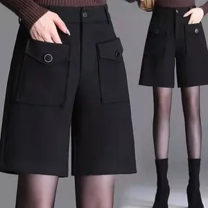 Kvinnors shorts Autumn Winter Street Casual High midja rak fast lös fickficka bred ben vintage mode kvinnor kläder