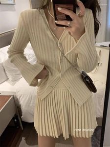 Work Dresses Hollow V-Neck Long-Sleeve Buttons Women Knitted Slim Cardigan Mini Pleated Skirt 2-Piece Sets Fall Korean Chic Sweetgirl Suit