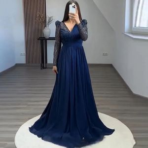 New Arrival Navy Blue Evening Pageant Dress 2024 Glitter Sequin Long Sleeves V-Neck Chiffon Prom Party Formal Gowns Vestidos De Feast Robe De Soiree