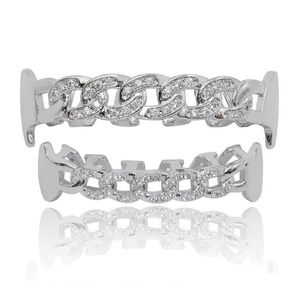 Grillz Dental Grills Özel Fit Sinek CZ Küba Fang Grillz Bling Bling Hip Hop Dişleri Izgara Üst Alt Set Zincir Vampir Grills298K DHRPX