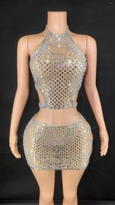 Skirts Sparkly Rhinestones Top Short Skirt Two Pieces Set Dress Sexy Party Birthday Show Stage Wear Nightclub Dance Costume