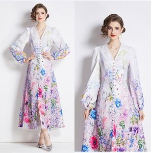 Vintage floral com decote em v vestido de festa robes mulher designer manga longa elegante impressão ajuste férias boho maxi vestidos 2024 primavera outono doce chique pista magro a linha vestido de baile