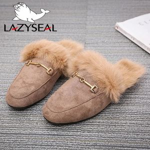 Terlik Lazyseal Fur Women Slaytlar Bayanlar Siyah Açık Kadın Ayakkabı Slaytları Yaz Kış% 100 Gerçek Tavşan Saç Tasarımcısı Bahar Ayakkabı 231219