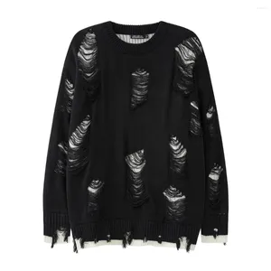 Herrtröjor 2024 High Street Black White Two Sided Round Neck Knit Tröja Autumn Winter Hip Hop Overized Perforated Ripped Knitwears