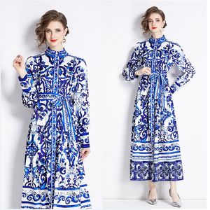 Designer Floral Lace Up Bow Party Dress Woman Vintage Paisley Print Mock Neck Slim Vacation Boho Maxi Dresses 2024 Spring Fall Runway High midja Cocktail Ballgown